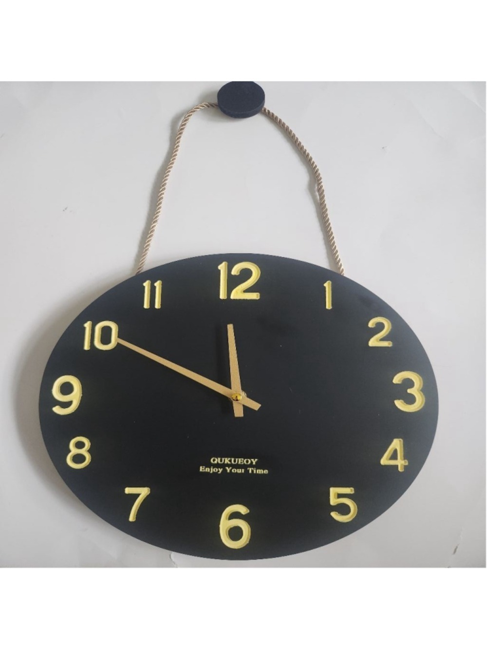 NIB 12in Black/Gold Wood Engraved Wall Clock, Rope Hanging, Silent, Any Room
